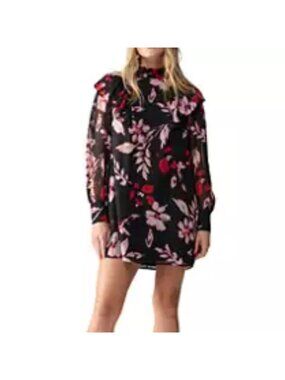 Sanctuary Women’s Floral Babydoll Mini Dress Small Metallic Mock Neck Boho